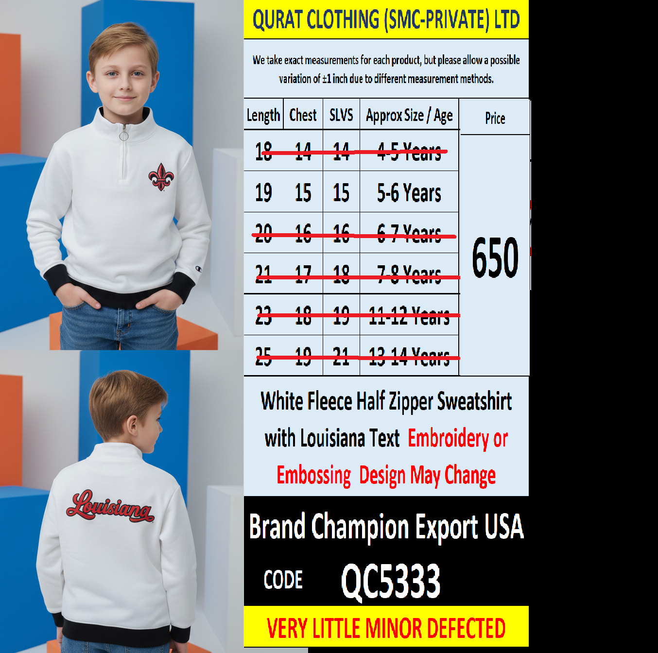 Champion Kids White Fleece Half Zipper Sweatshirt Louisiana Text Back Embroidery Export USA QC5333