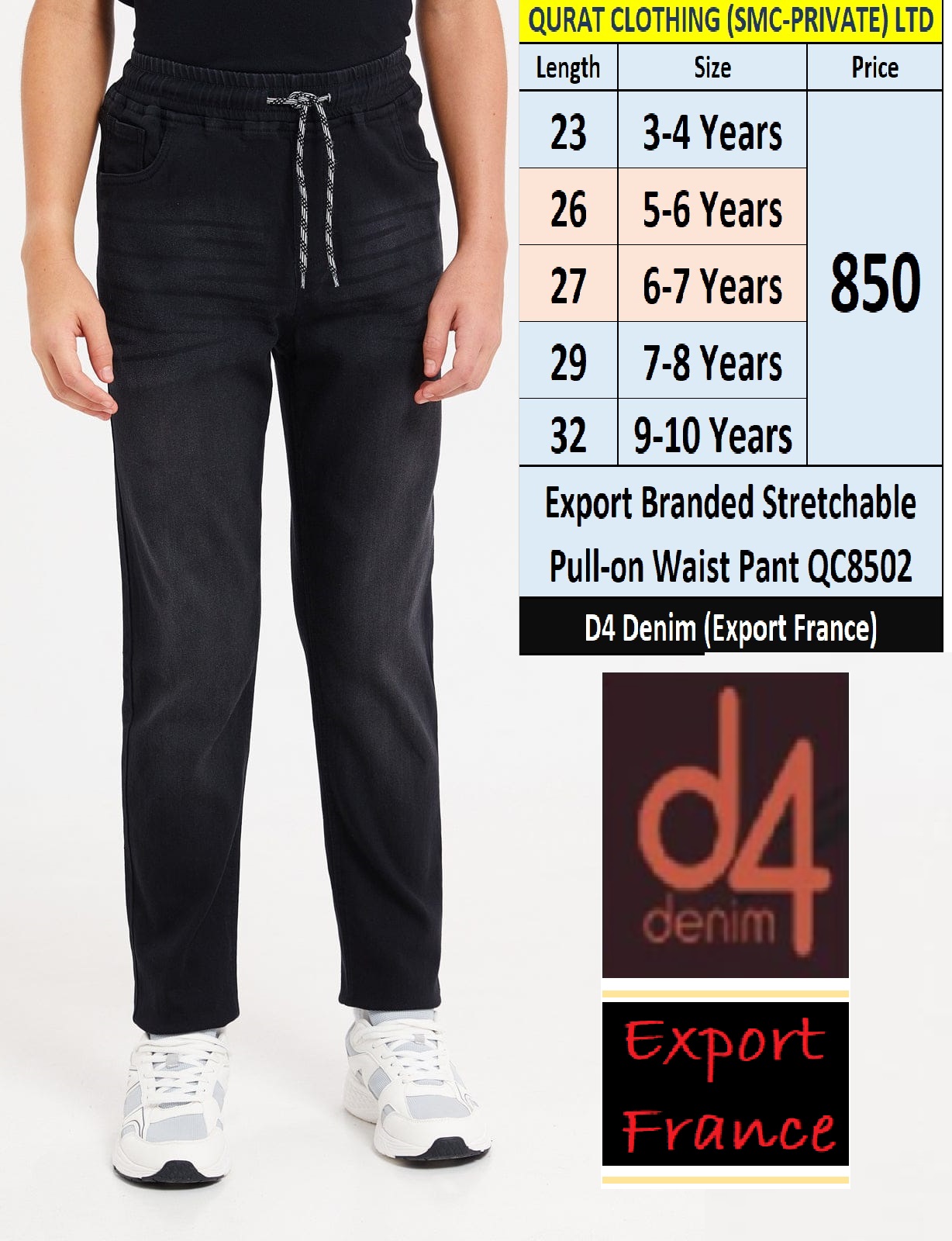 Export Stretchable Pull-on Waist Pant QC8502 Brand D4 Denim Export France