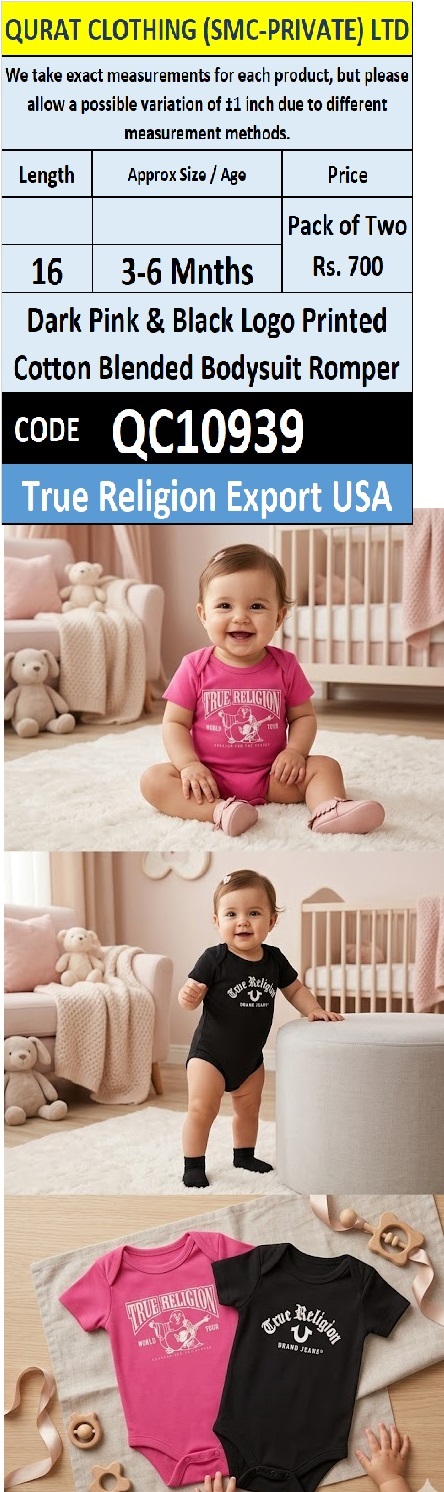 True Religion Export USA Dark Pink & Black Logo Printed Cotton Blended Bodysuit Romper Pack of Two QC10939
