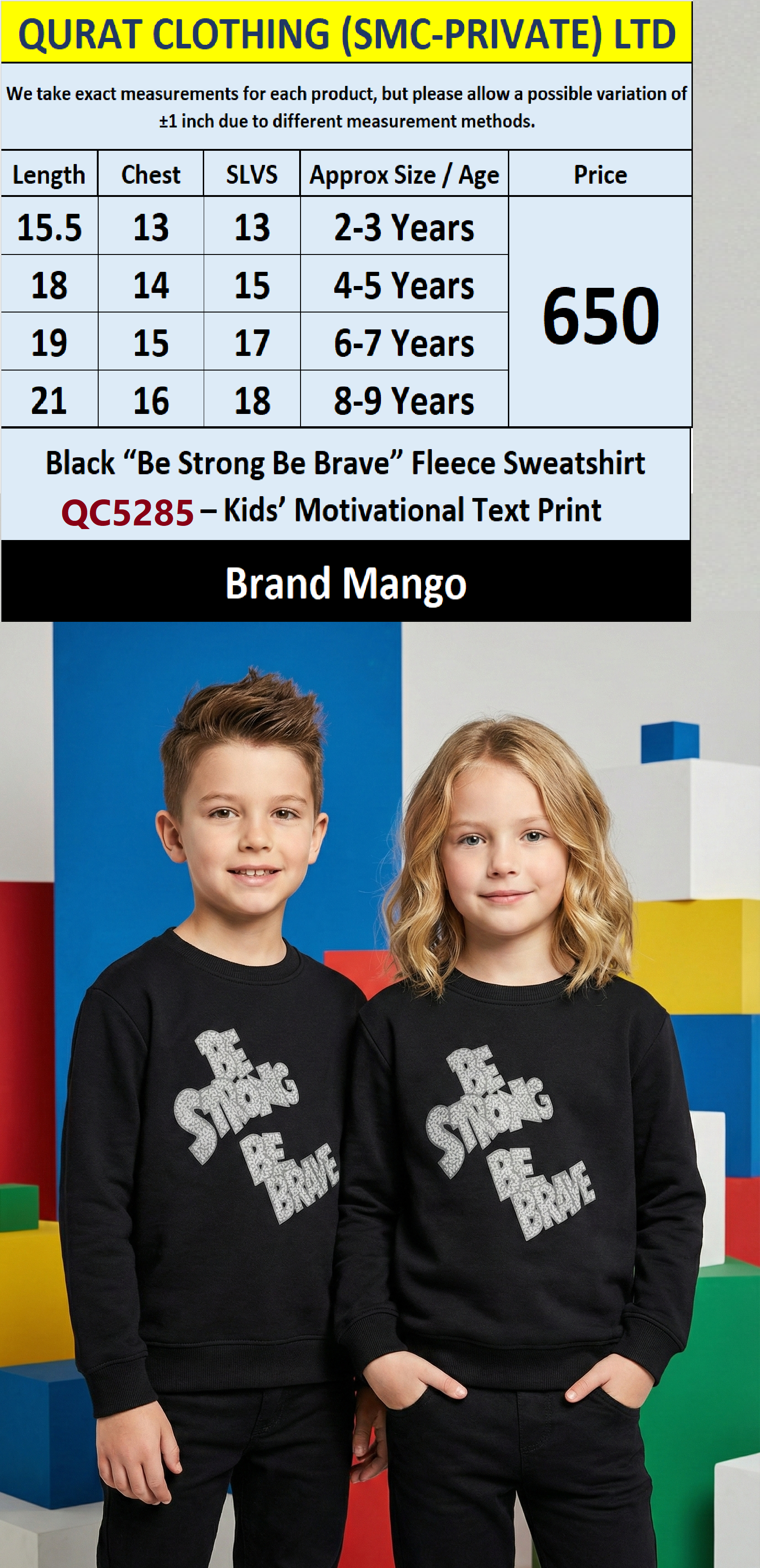 Mango Black “Be Strong Be Brave” Fleece Sweatshirt for Kids QC5285