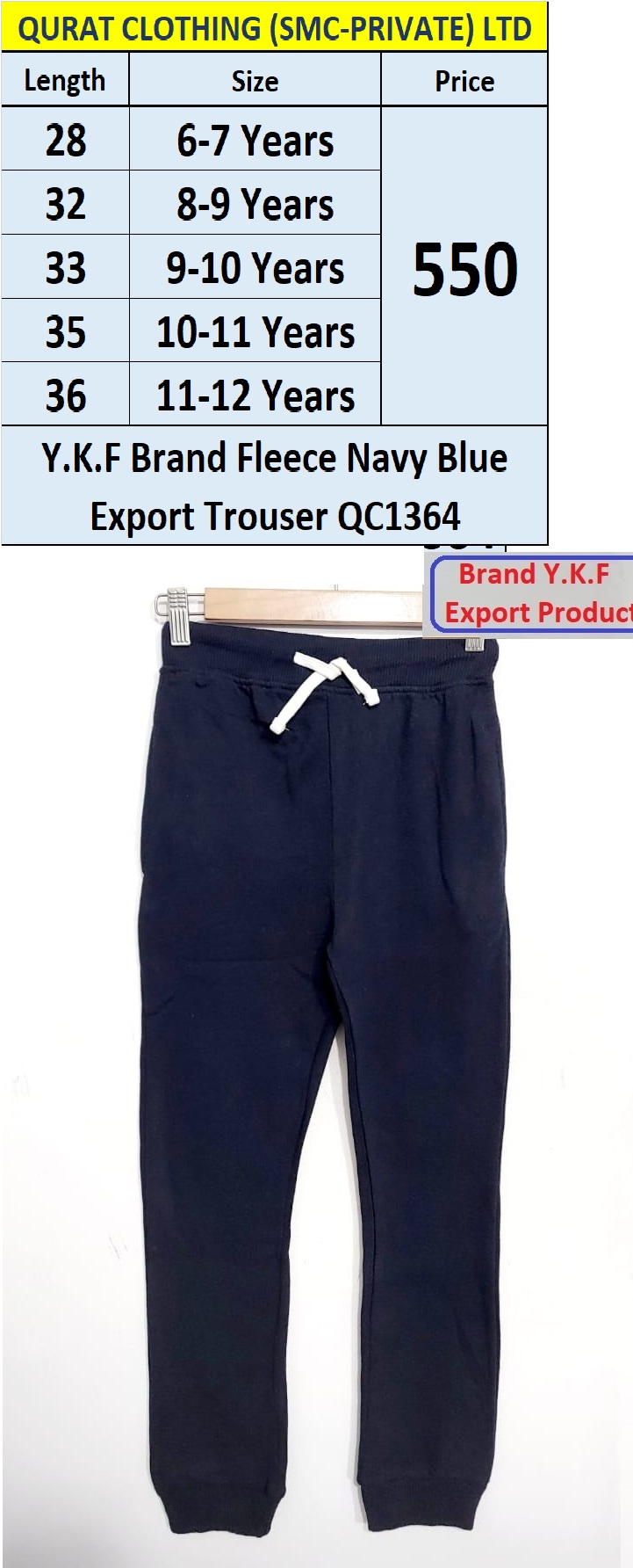 Y.K.F Brand Fleece Navy Blue Export Trouser QC1364