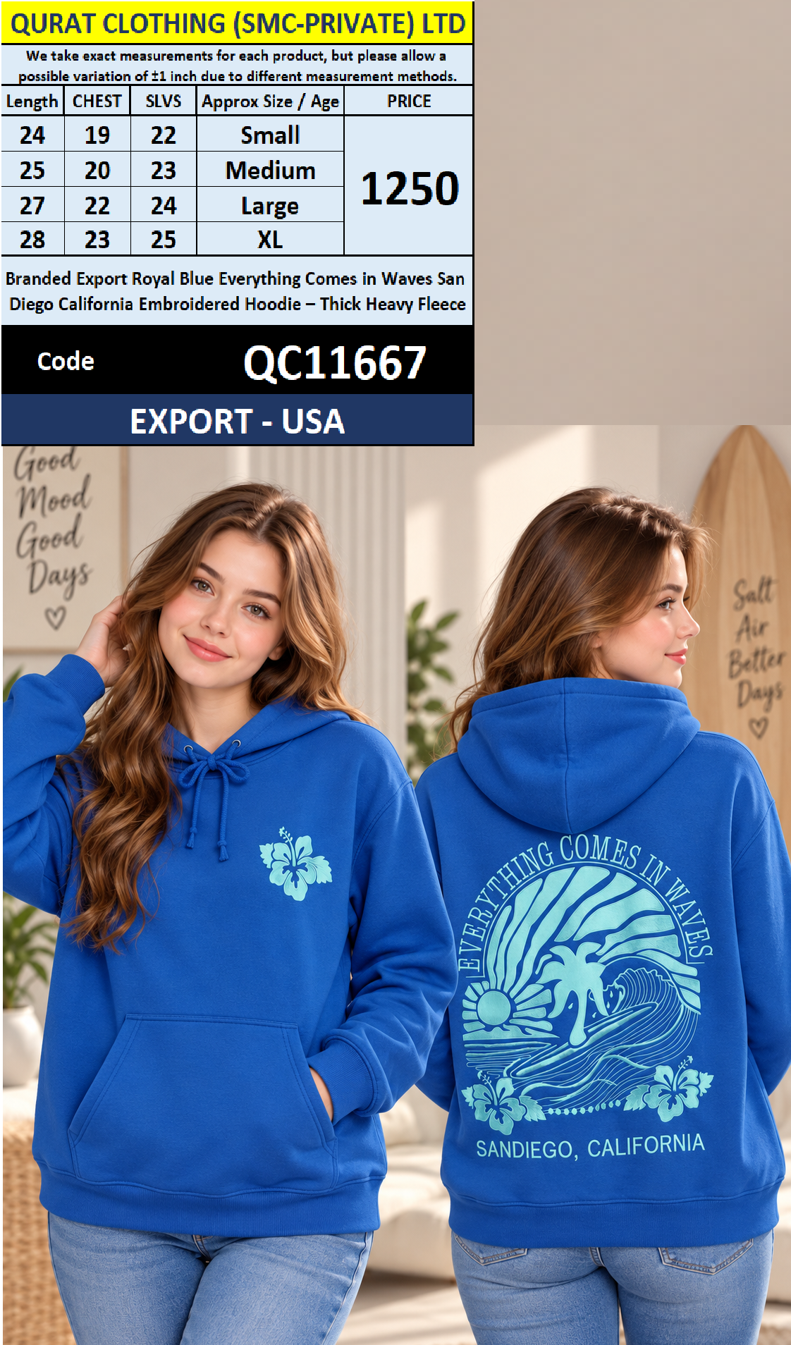 Branded Export Royal Blue Everything Comes in Waves San Diego California Embroidered Hoodie – Thick Heavy Fleece – Export USA – QC11667