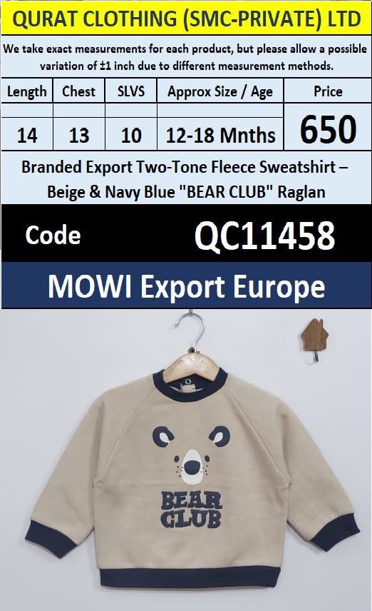 QC11458 – Branded Export Beige & Navy Blue “BEAR CLUB” Two-Tone Fleece Raglan Sweatshirt – MOWI Export Europe