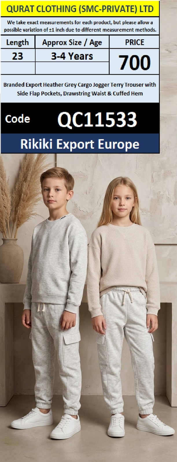 Rikiki Export Europe Branded Heather Grey Cargo Jogger Terry Trouser with Side Flap Pockets, Drawstring Waist & Cuffed Hem – QC11533