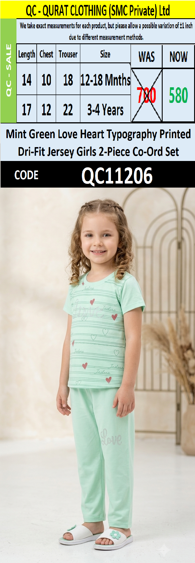 Mint Green Love Heart Typography Printed Dri-Fit Jersey Girls 2-Piece Co-Ord Set QC11206