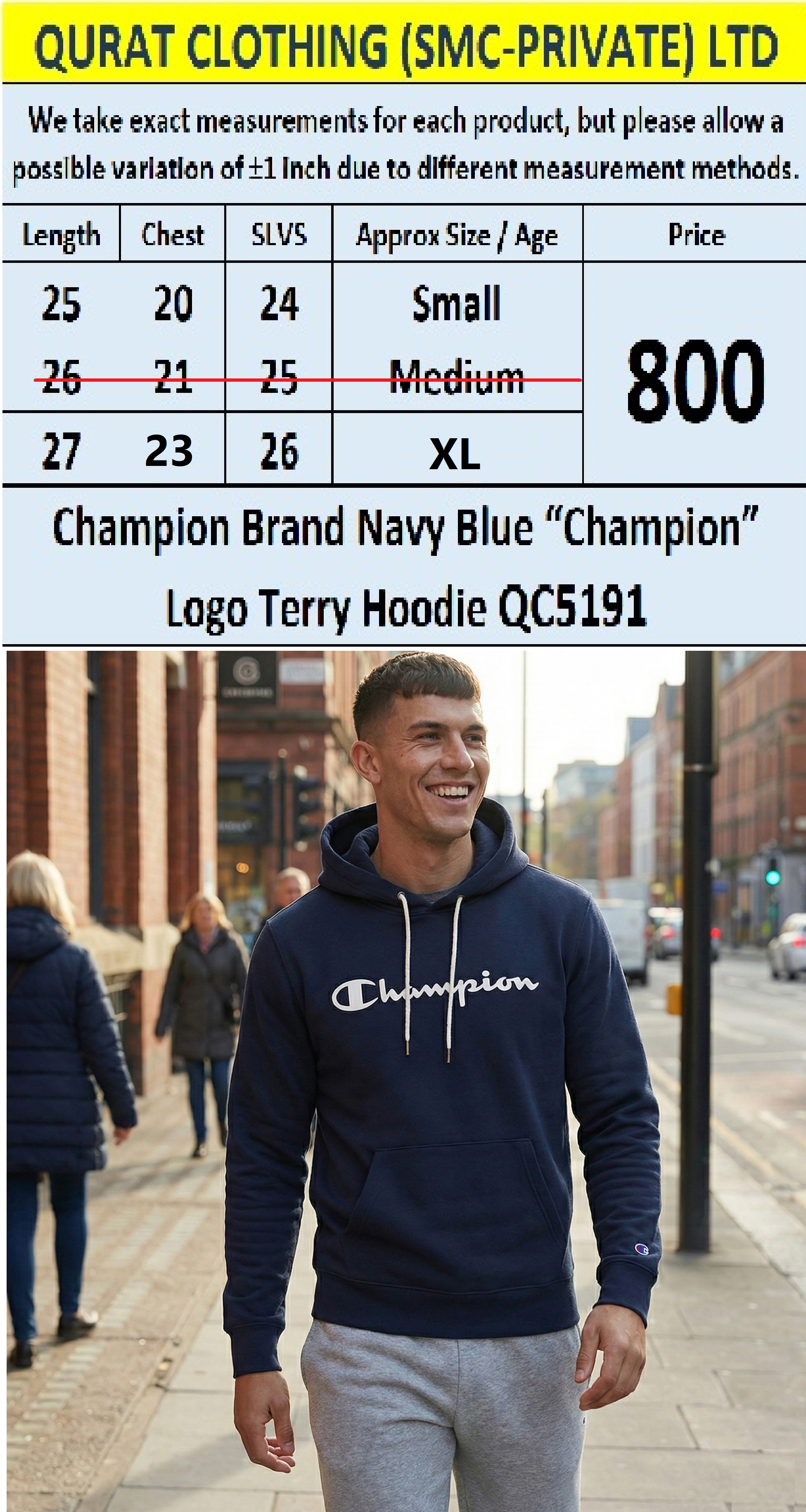 Champion Brand Navy Blue “Champion” Logo Terry Hoodie QC5191