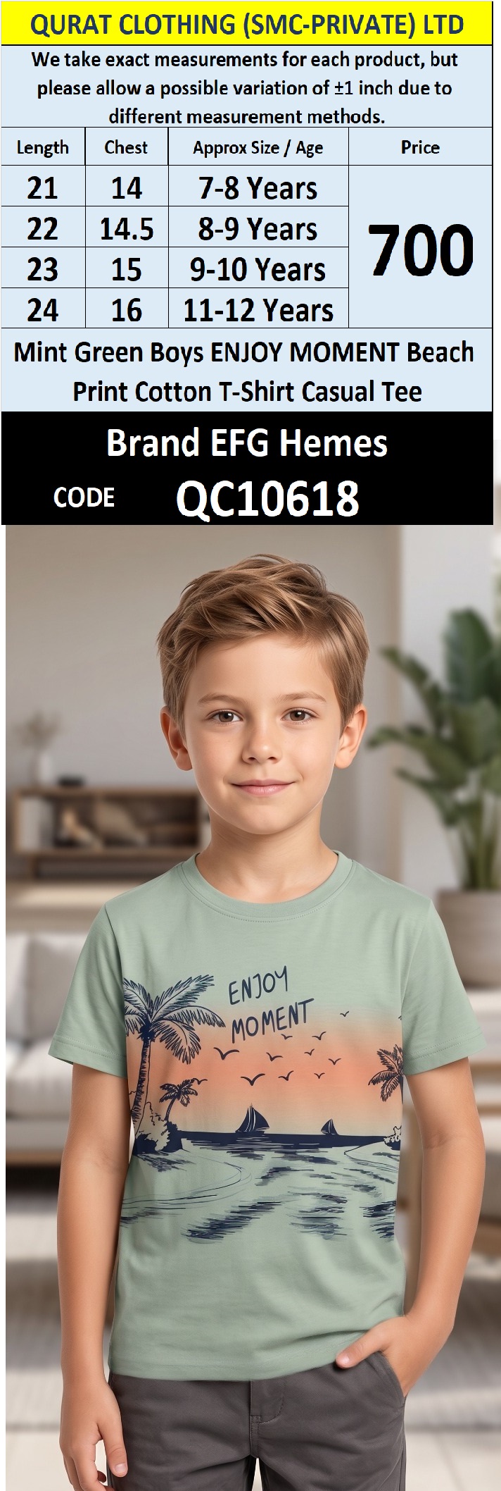 Mint Green Boys ENJOY MOMENT Beach Print Cotton T-Shirt Casual Tee QC10618