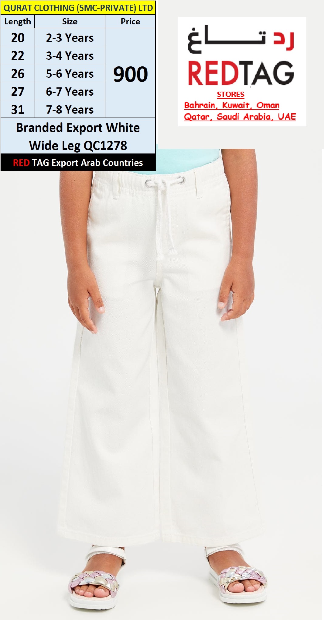 RED TAG Fashion Brand White Wide Leg Pant QC1278 Export Arab Countries