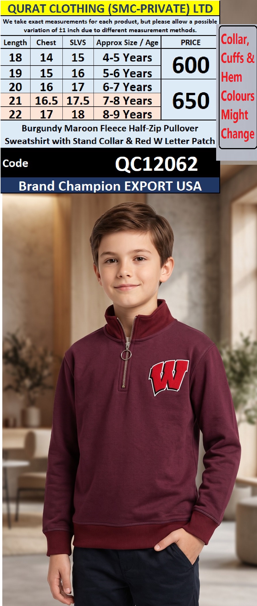 Burgundy Maroon Fleece Half-Zip Pullover Sweatshirt with Stand Collar & Red W Letter Patch – Champion Export USA – QC12062