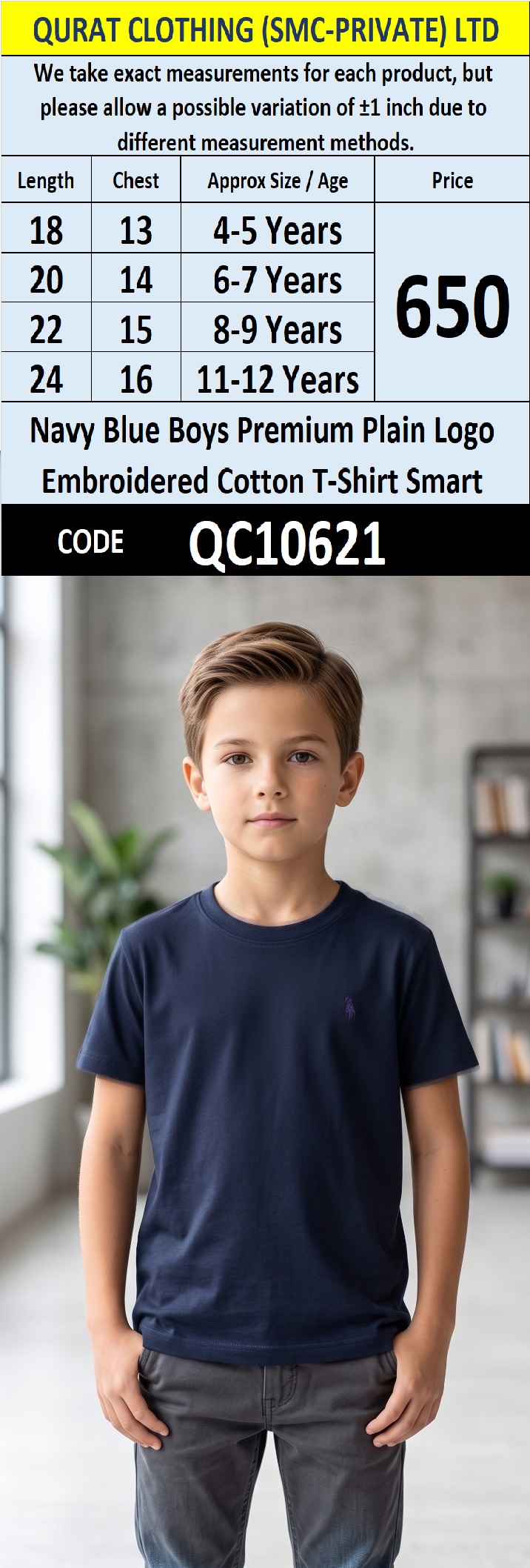 Navy Blue Boys Premium Plain Logo Embroidered Cotton T-Shirt Smart QC10621