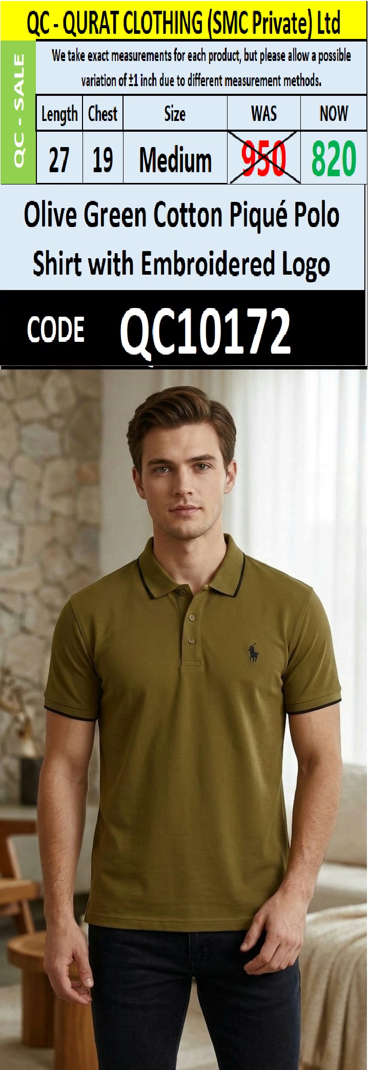 Olive Green Cotton Piqué Polo Shirt with Embroidered Logo QC10172