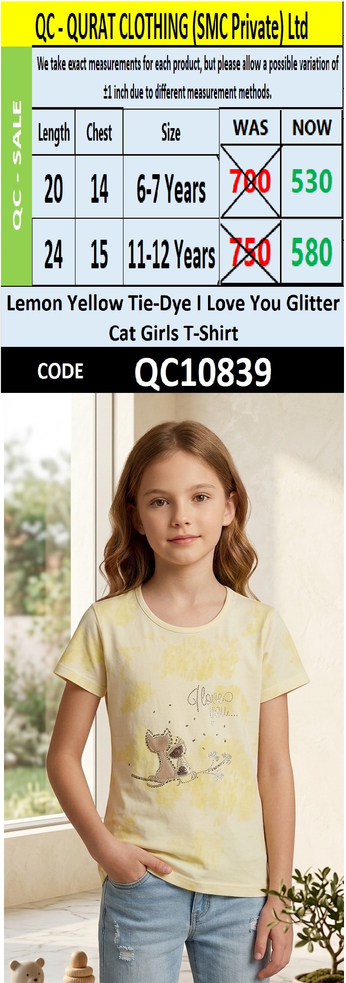 Lemon Yellow Tie-Dye I Love You Glitter Cat Girls T-Shirt QC10839