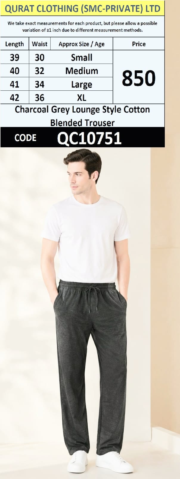 Charcoal Grey Lounge Style Cotton Blended Trouser QC10751