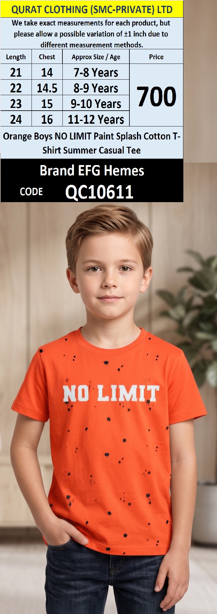 Orange Boys NO LIMIT Paint Splash Cotton T-Shirt Summer Casual Tee QC10611