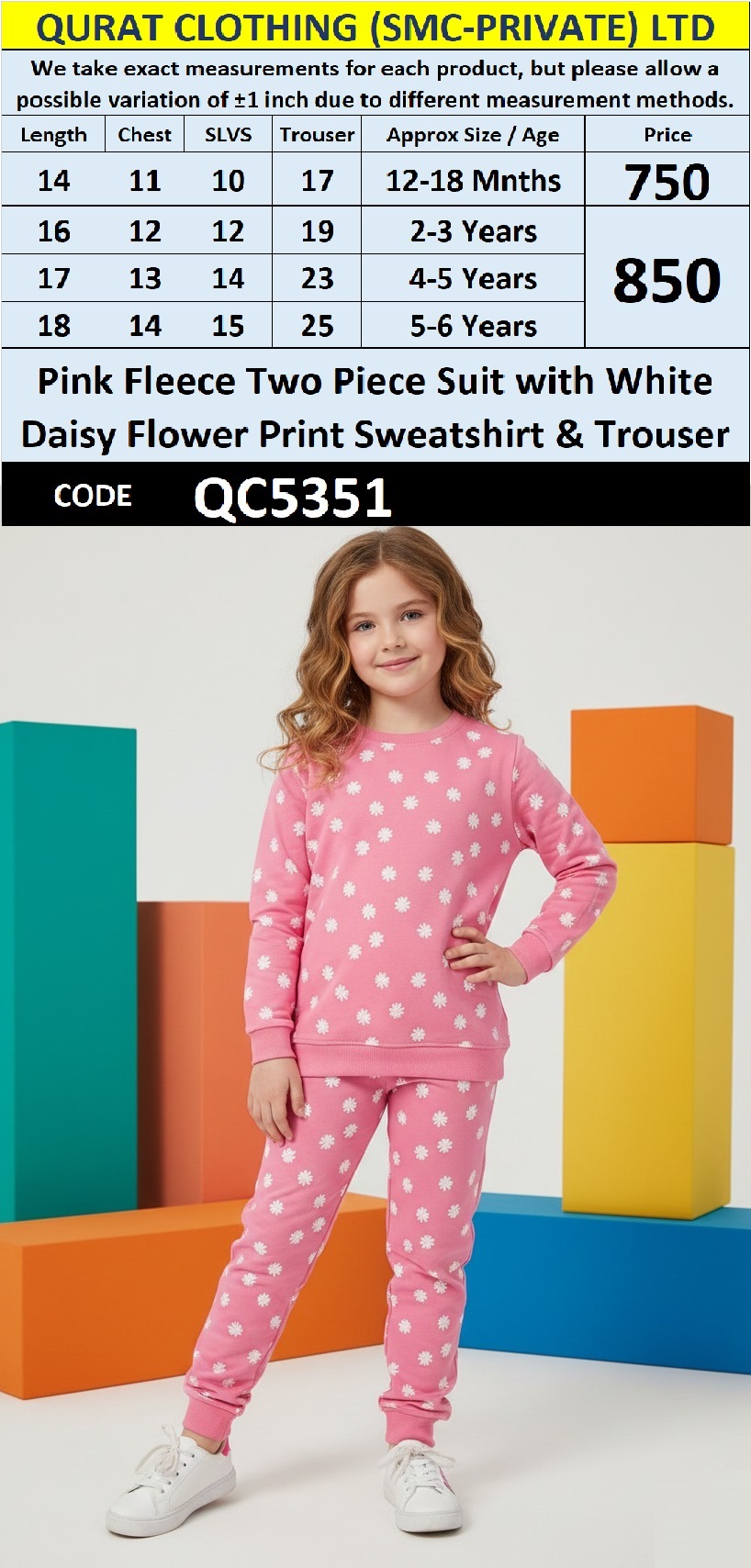 Pink Fleece Two Piece Suit with White Daisy Flower Print Sweatshirt & Trouser QC5351