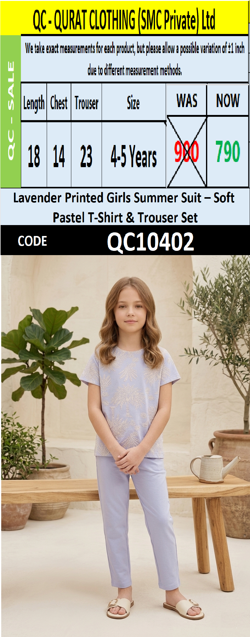 Lavender Printed Girls Summer Suit – Soft Pastel T-Shirt & Trouser Set QC10402