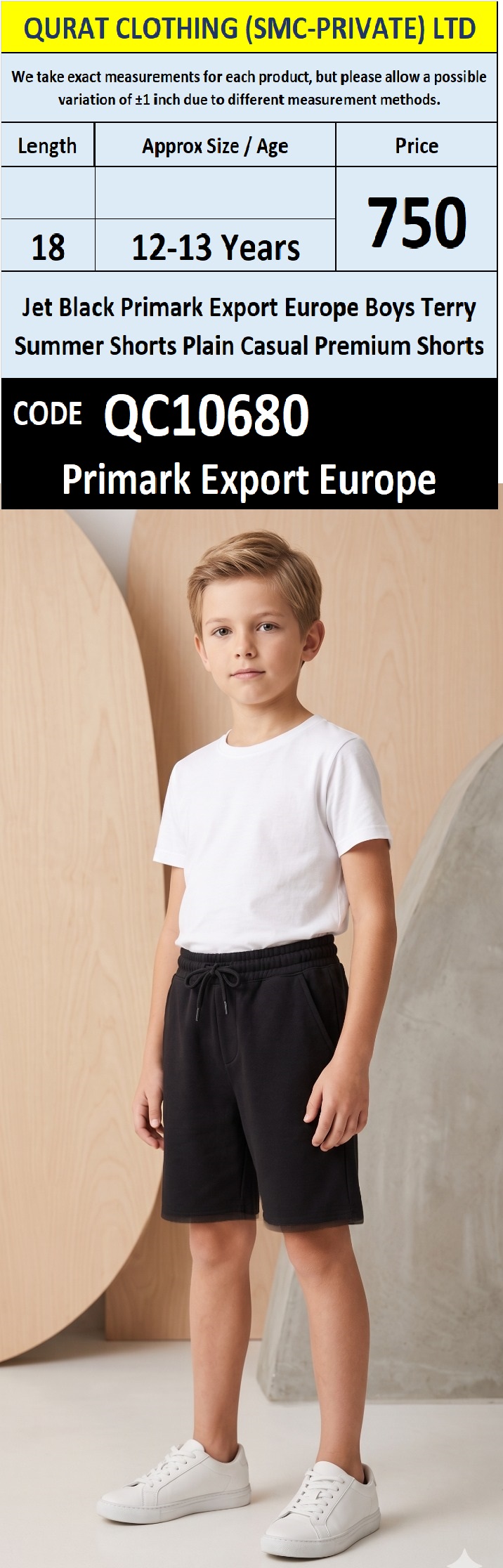 Jet Black Primark Export Europe Boys Terry Summer Shorts Plain Casual Premium Shorts QC10680