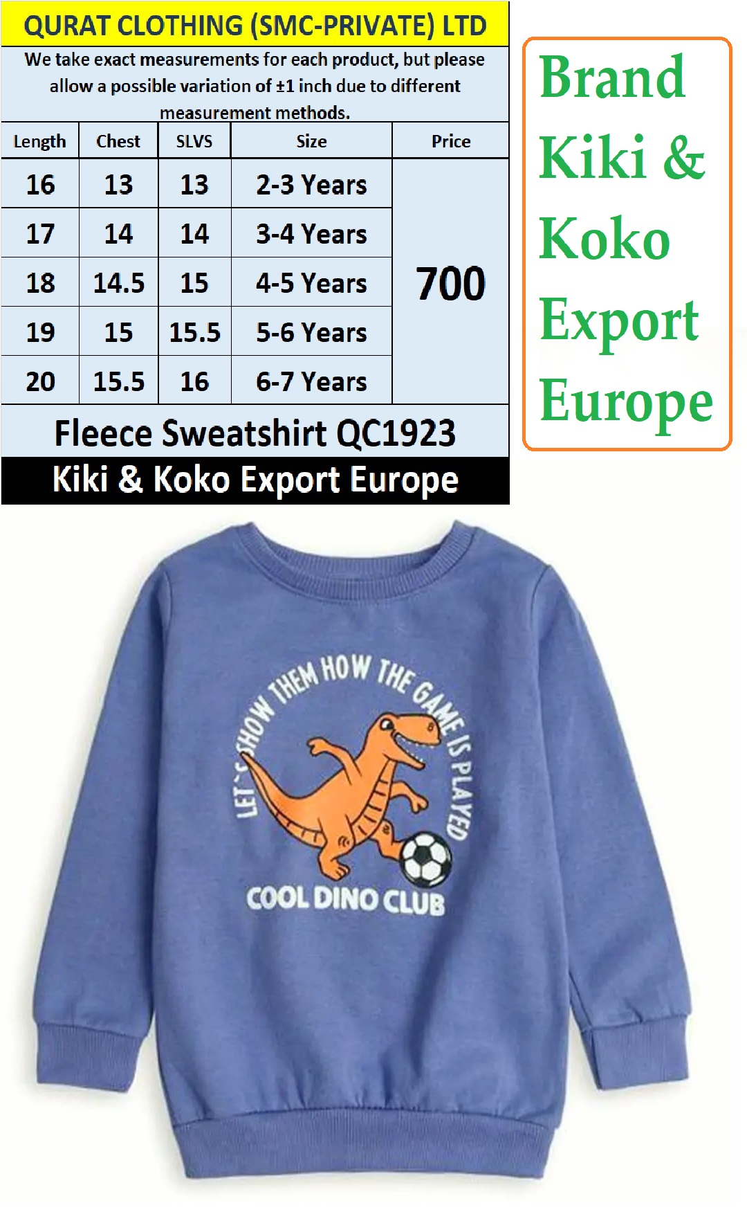 Kiki & Koko Brand Fleece Sweatshirt QC1923 Export Europe