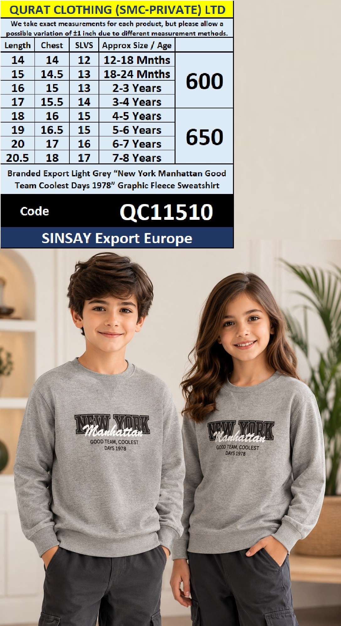 SINSAY Export Europe Branded Light Grey “New York Manhattan Good Team Coolest Days 1978” Graphic Fleece Sweatshirt – QC11510
