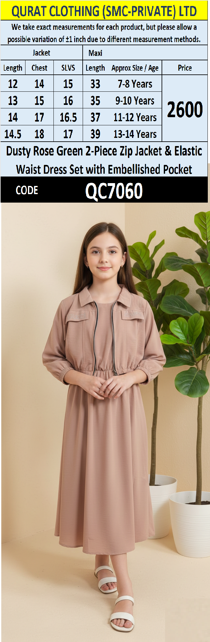 Dusty Rose 2-Piece Zip Jacket & Elastic Waist Maxi Dress Set for Girls – Embellished Pocket Detail - QC7060 - QC7060