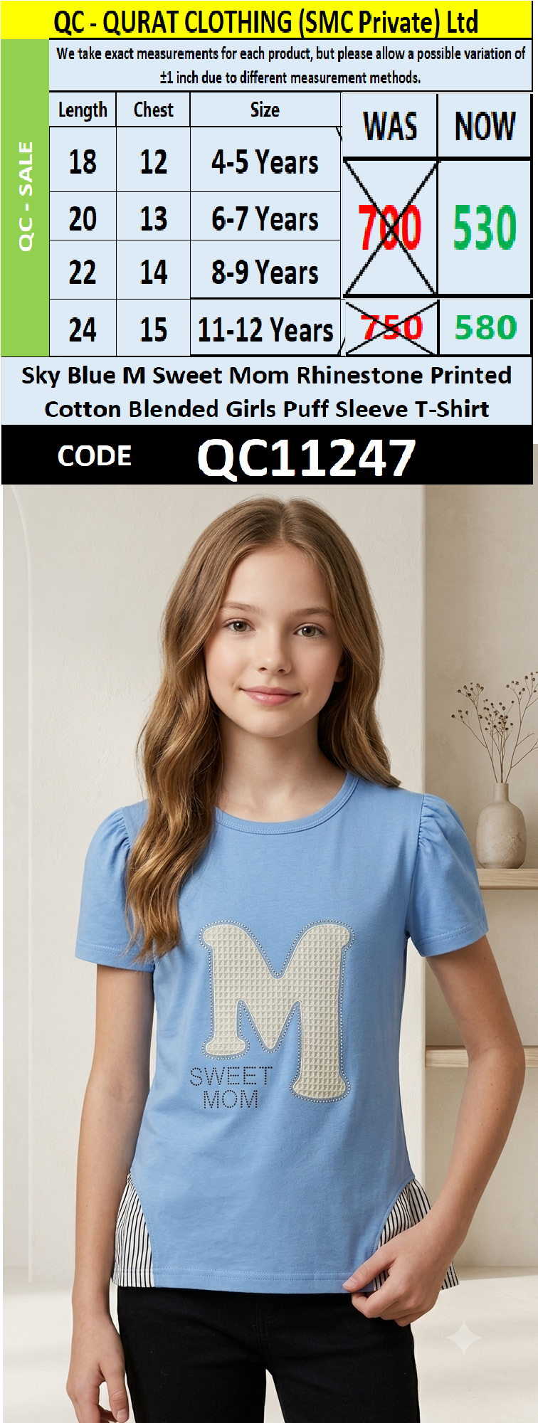 Sky Blue M Sweet Mom Rhinestone Printed Cotton Blended Girls Puff Sleeve T-Shirt QC11247