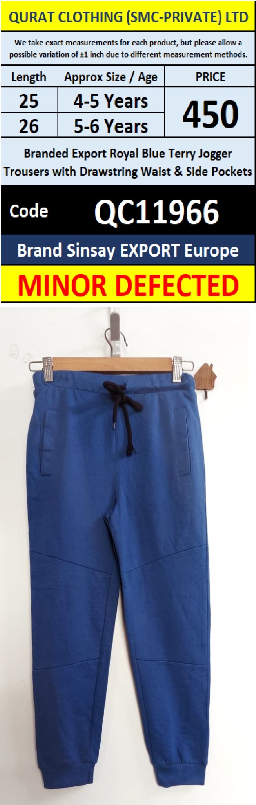 Sinsay Export Europe Branded Export Royal Blue Terry Jogger Trousers with Drawstring Waist & Side Pockets – Minor Defected – QC11966