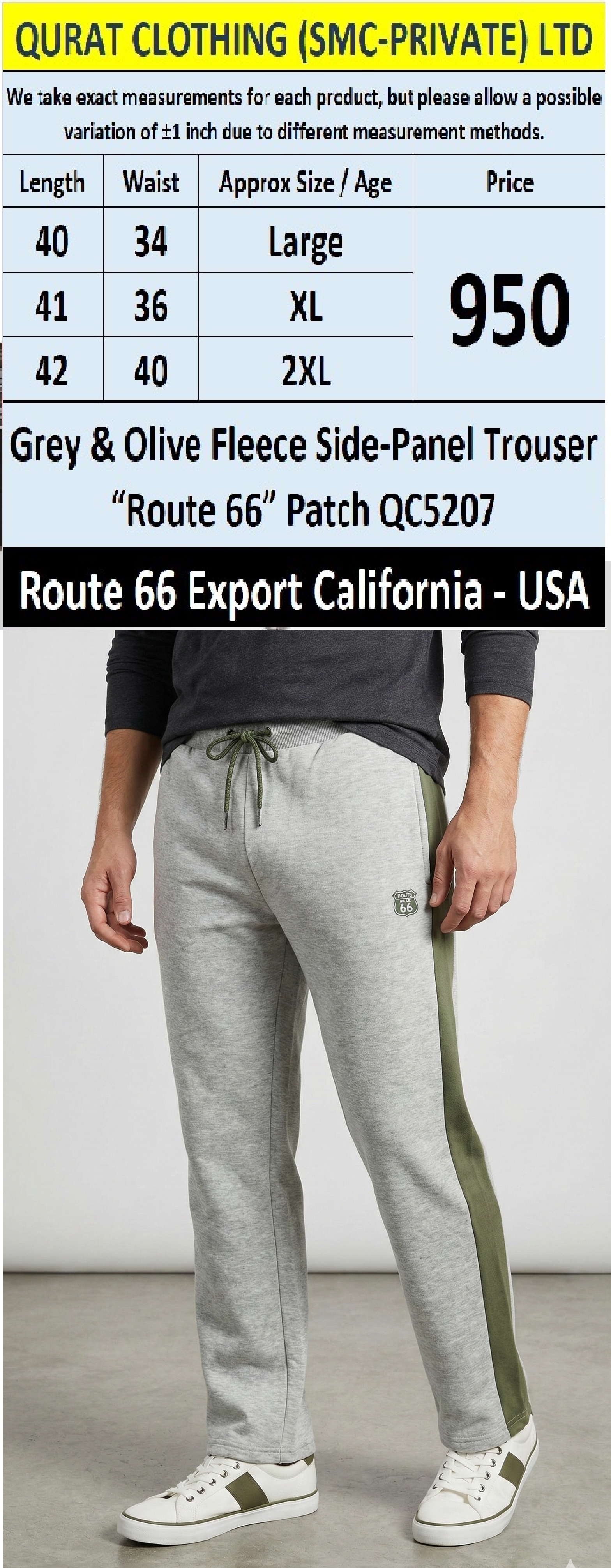 Grey & Olive Fleece Side-Panel Trouser – Route 66 Patch  QC5207 Export California – USA