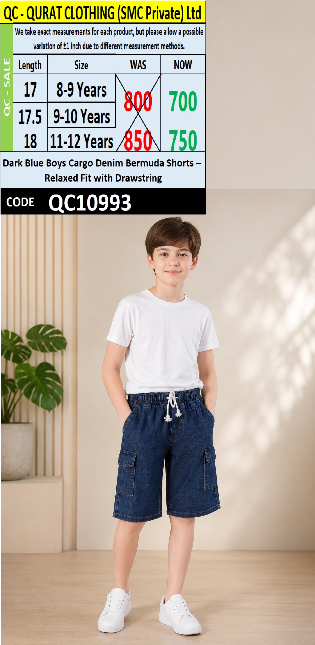 Dark Blue Boys Cargo Denim Bermuda Shorts – Relaxed Fit with Drawstring | QC10993