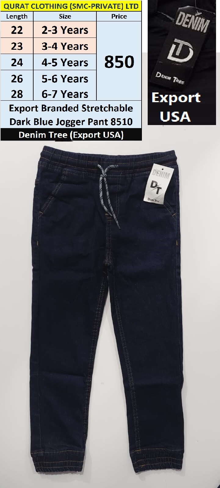Export Stretchable Dark Blue Jogger Pant QC8510 Brand Denim Tree Export USA