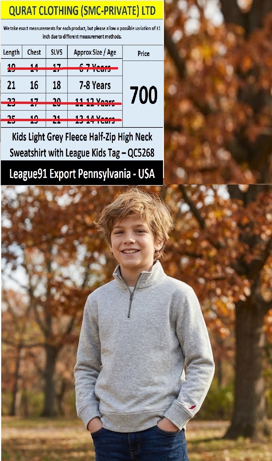 League91 Light Grey Fleece Half-Zip High Neck Kids Sweatshirt QC5268 – Export Pennsylvania USA