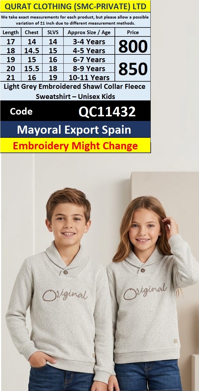 Mayoral Export Spain Light Grey Embroidered Shawl Collar Fleece Sweatshirt – Unisex Kids – Embroidery May Vary – QC11432