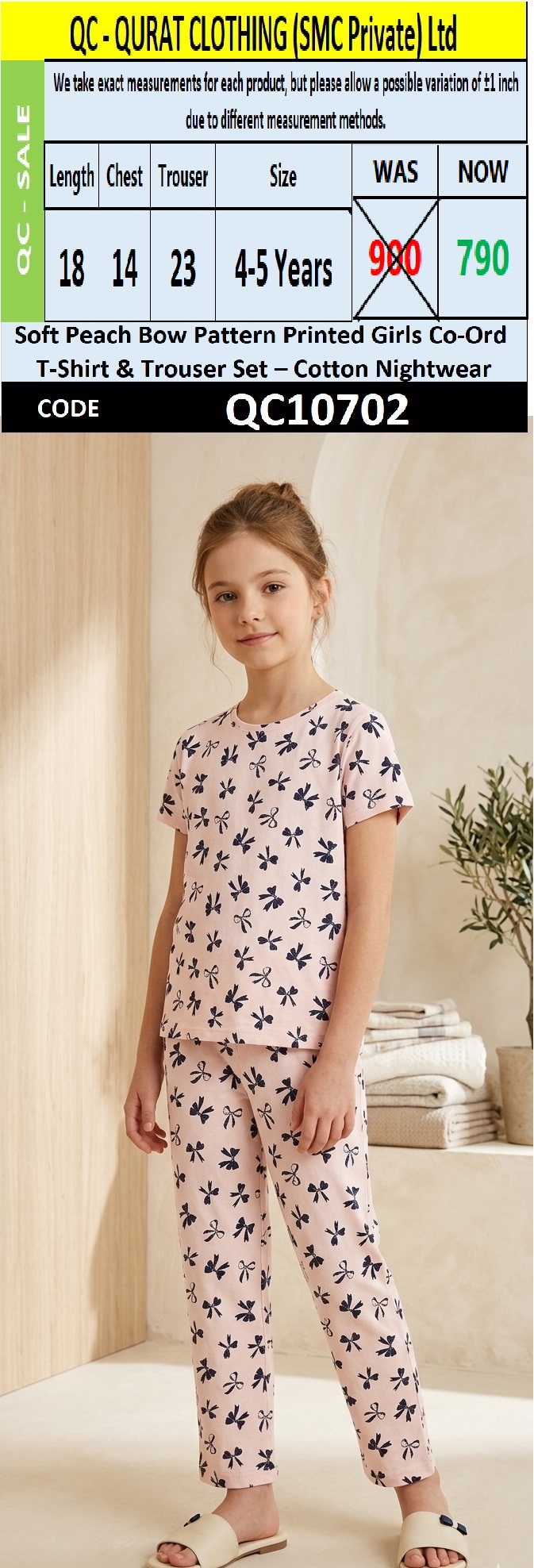 Soft Peach Bow Pattern Printed Girls Co-Ord T-Shirt & Trouser Set – Cotton Nightwear QC10702
