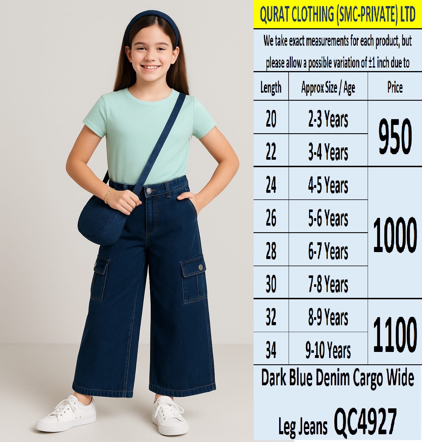 Girls Dark Blue Denim Cargo Wide Leg Jeans QC4927