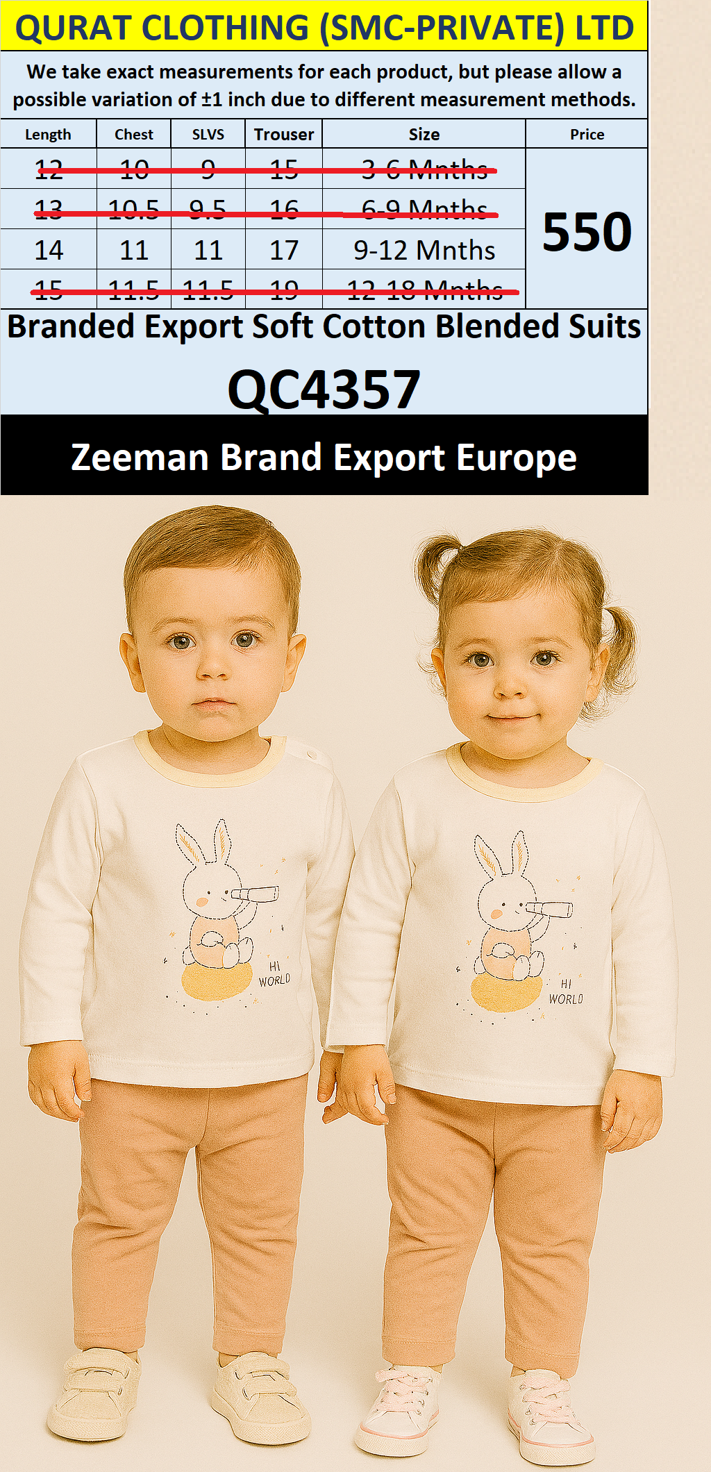 Zeeman Brand Unisex Soft Cotton Blended Suits QC4357 Export Europe 