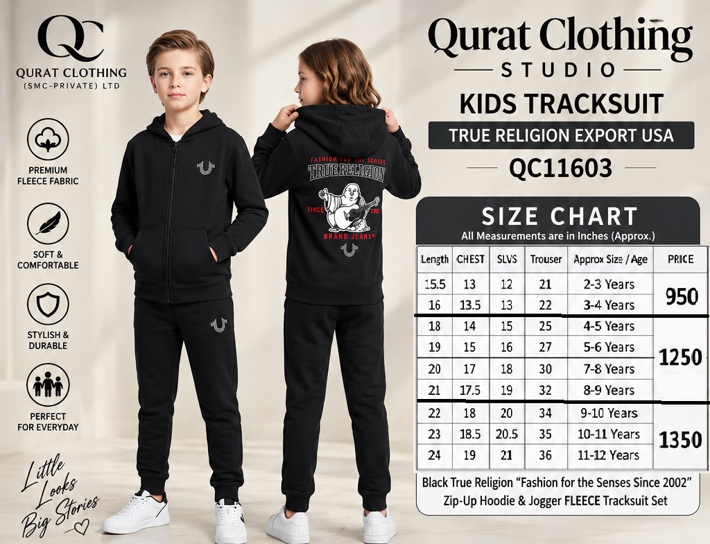 Black True Religion “Fashion for the Senses Since 2002” Zip-Up Hoodie & Jogger FLEECE Tracksuit Set – Export USA QC11603