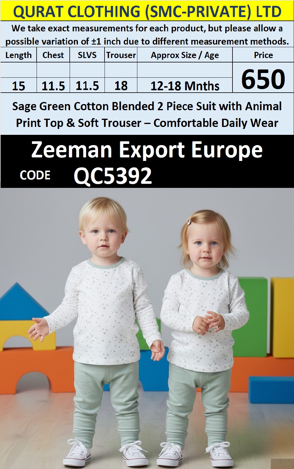 Zeeman Baby Sage Green Cotton-Blended Animal Print Top & Trouser 2-Piece Suit QC5392 – Export Europe