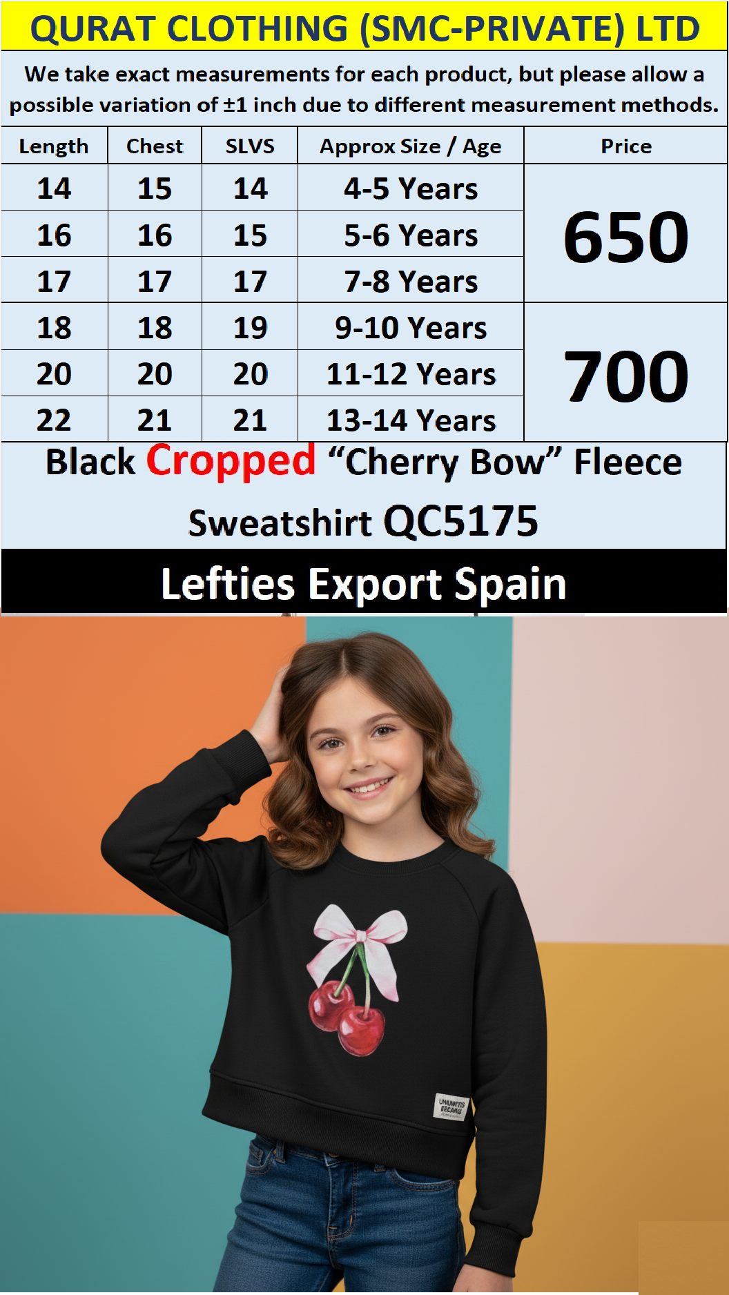 Lefties Brand Black “Cherry Bow” Cropped Fleece Sweatshirt QC5175 – Export Spain
