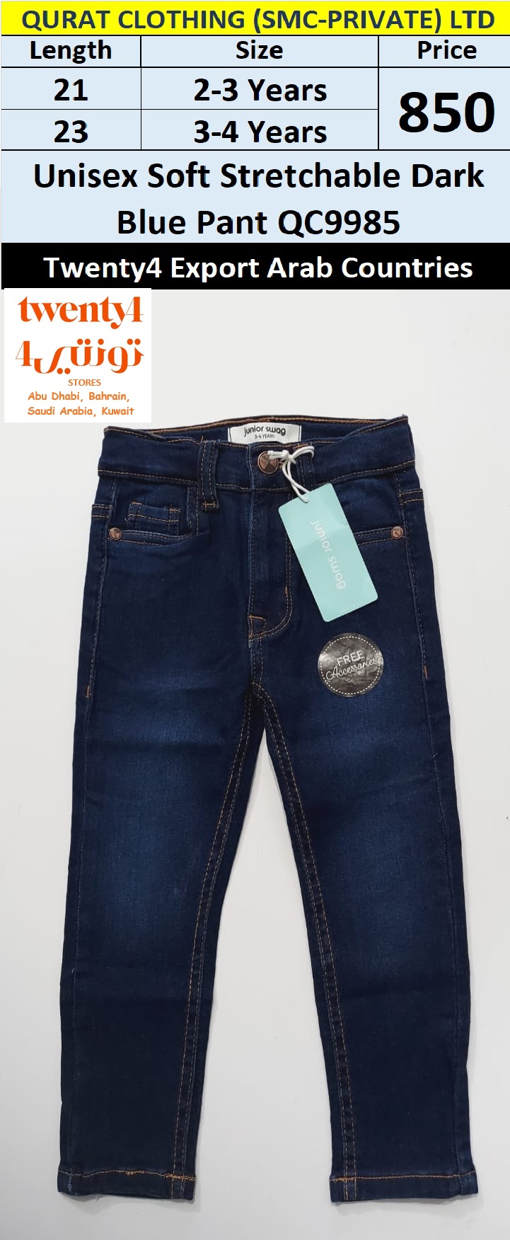 Junior Swag by Twenty4 Brand Unisex Soft Stretchable Dark Blue Pant QC9985, Export Arab Countries
