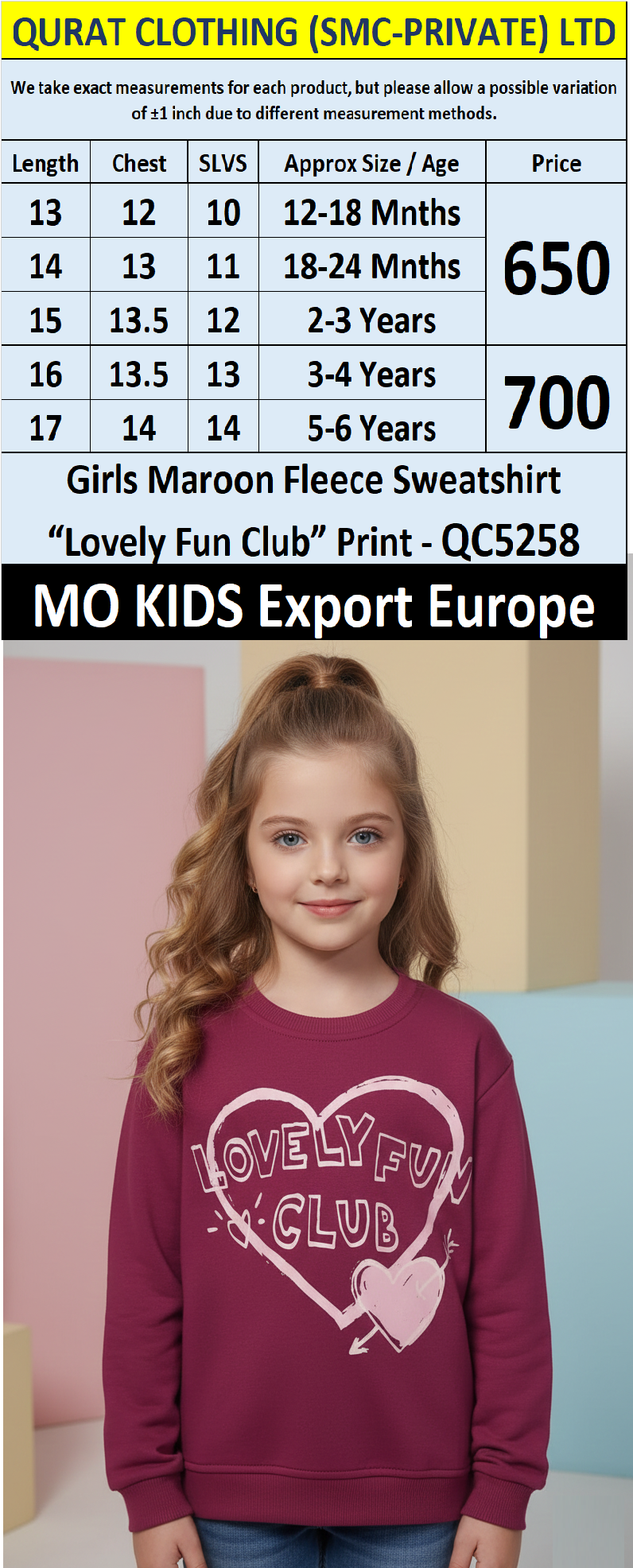 MO Kids Girls Maroon Fleece Sweatshirt with “Lovely Fun Club” Print – QC5258 – Export Europe