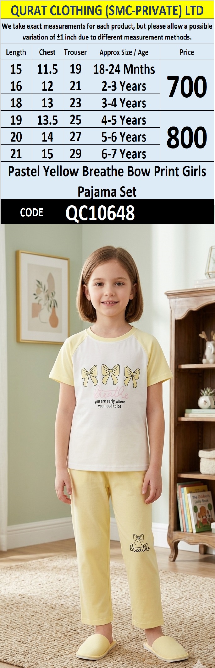 Pastel Yellow Breathe Bow Print Girls Pajama Set QC10648