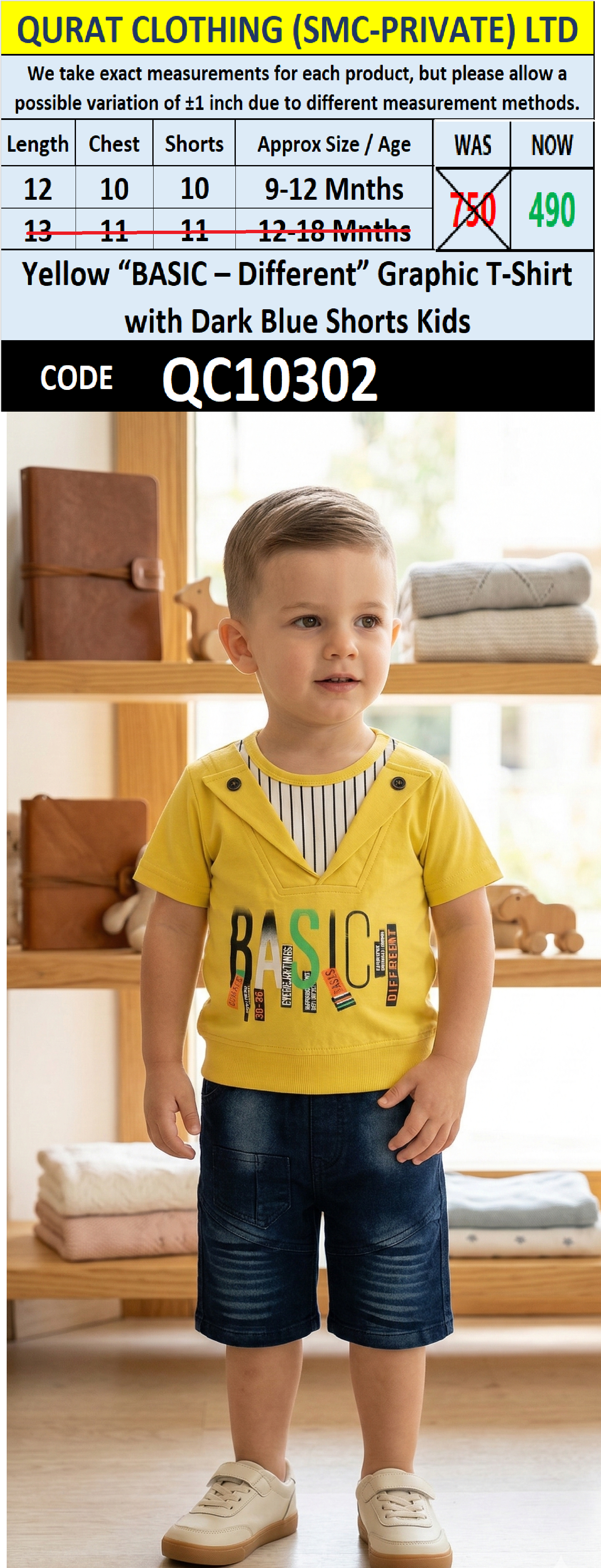Yellow “BASIC – Different” Graphic T-Shirt with Dark Blue Shorts Kids – QC10302