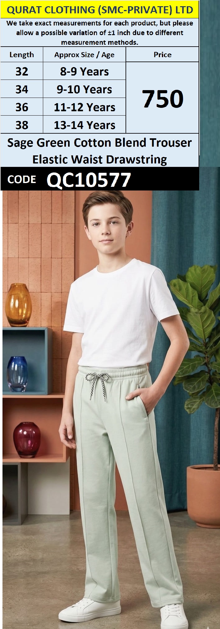 Sage Green Cotton Blend Trouser Elastic Waist Drawstring – QC10577
