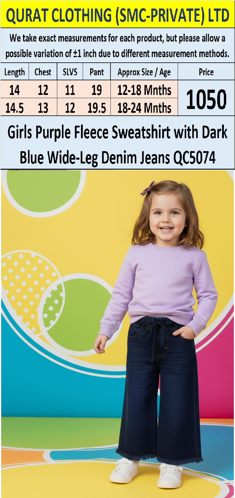 Girls Purple Fleece Sweatshirt with Dark Blue Wide-Leg Denim Jeans QC5074 – Export Europe