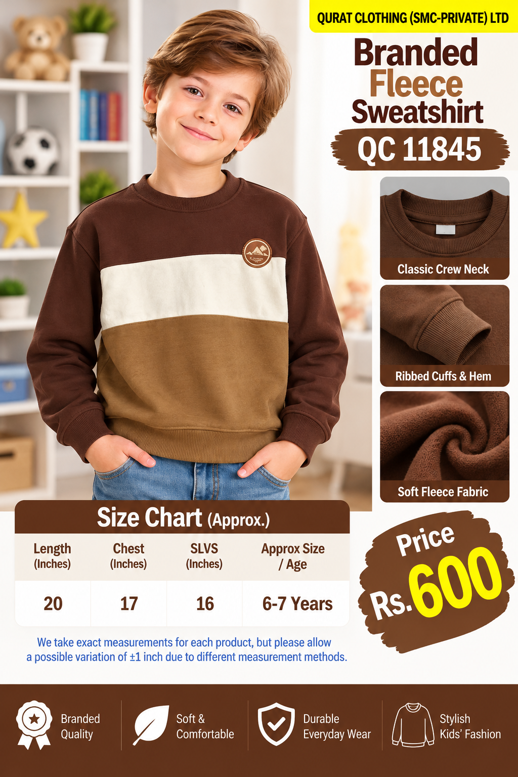 Branded brown cream and tan fleece sweatshirt with colour block panels and round mountain chest badge — QC11845