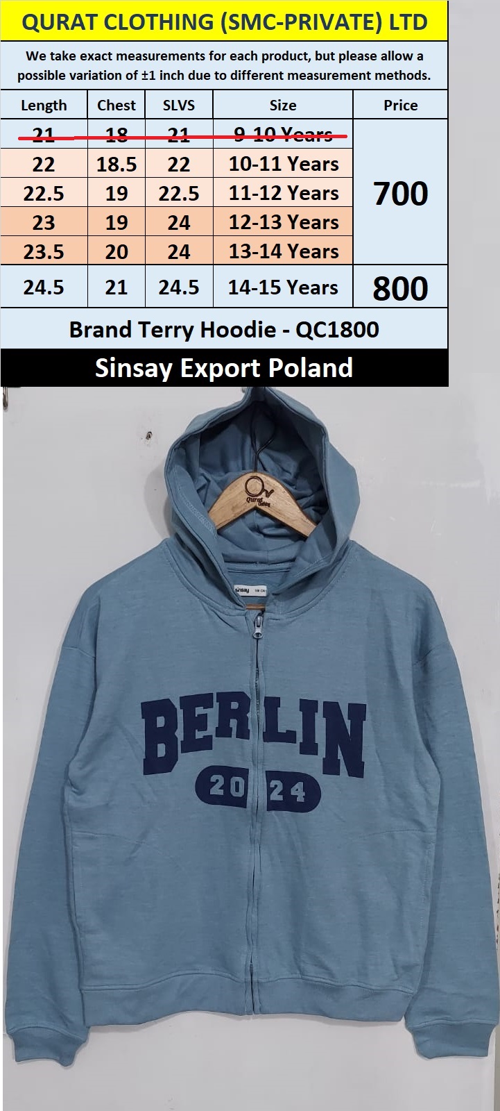 Unisex Sinsay Brand Terry Berlin Hoodie QC1800 Export Poland