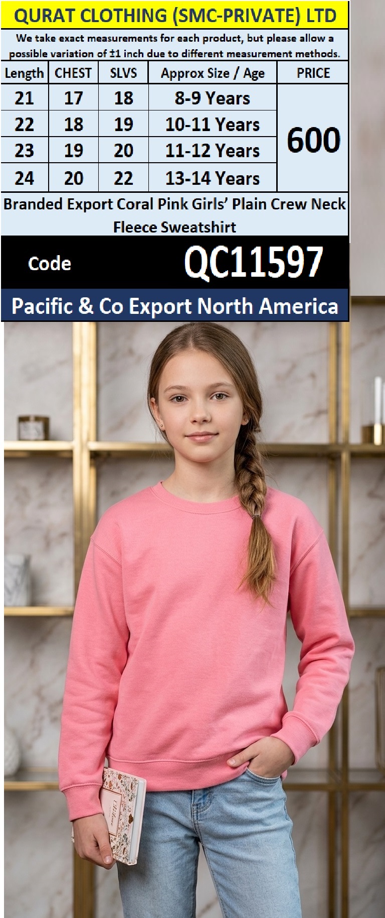 Branded Export Coral Pink Girls’ Plain Crew Neck Fleece Sweatshirt – Pacific & Co Export North America – QC11597