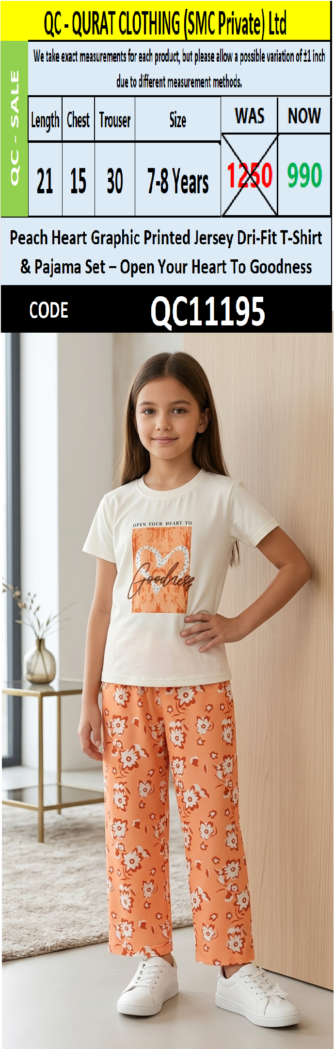 Peach Heart Graphic Printed Jersey Dri-Fit T-Shirt & Pajama Set – "Open Your Heart To Goodness" QC11195