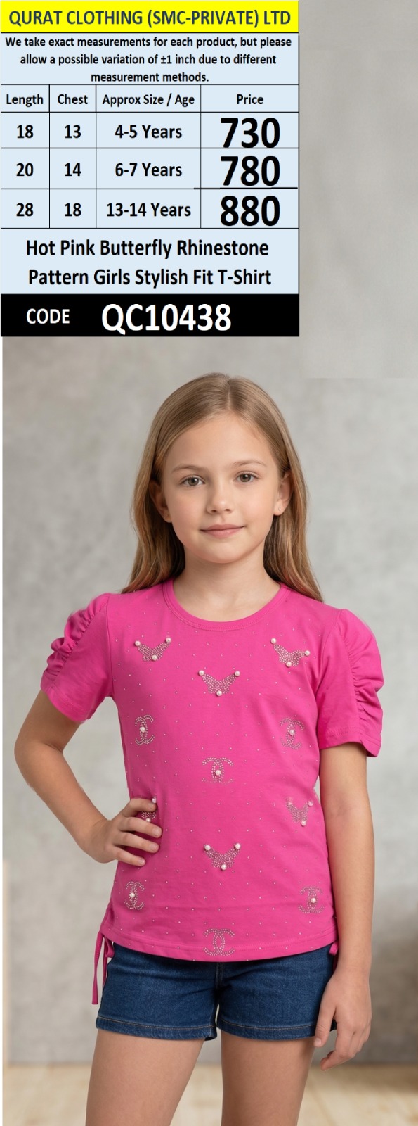 Hot Pink Butterfly Rhinestone Pattern Girls Stylish Fit T-Shirt QC10438