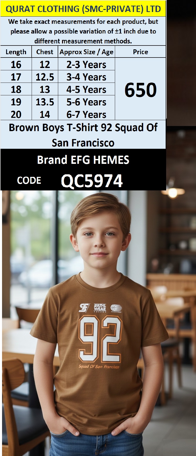 Brown Cotton Blended T-Shirt 92 Squad Of San Francisco Printed Graphic – Kids Casual Tee – QC5974