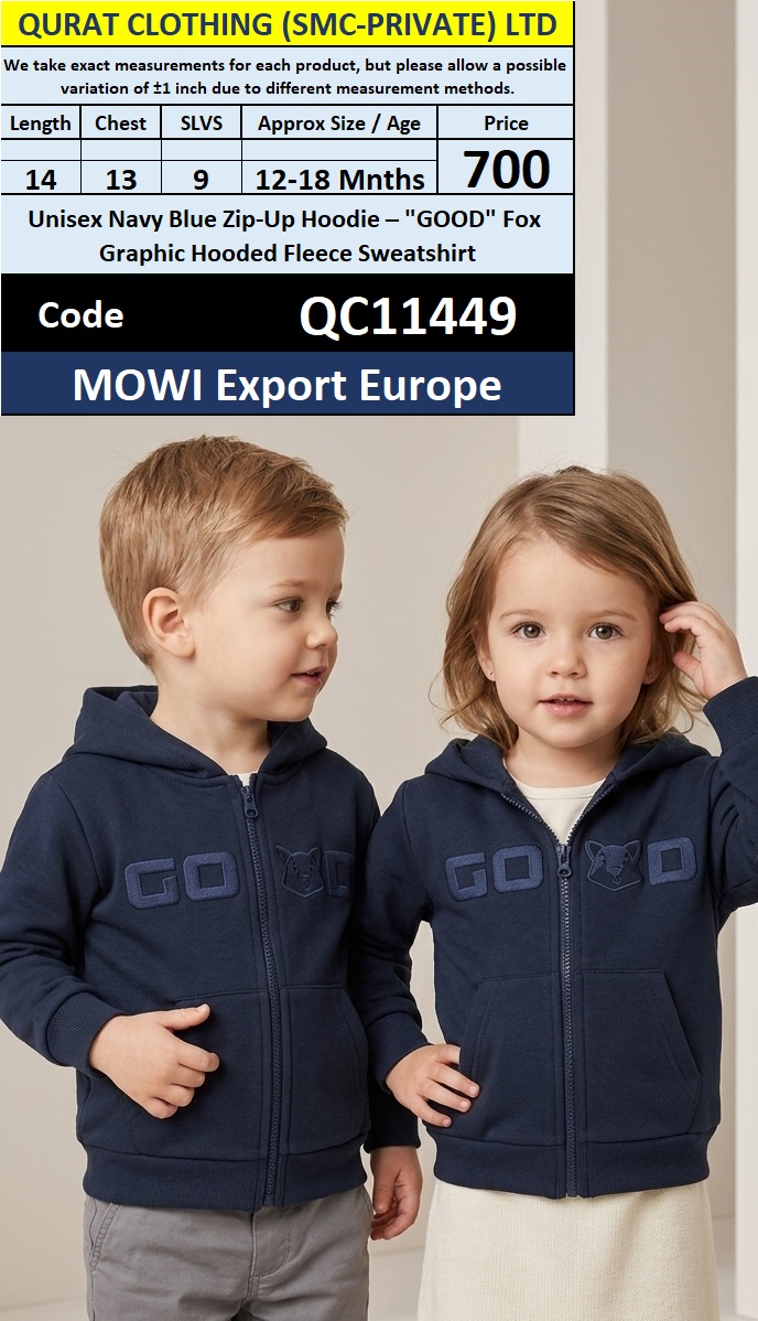 QC11449 – Unisex Navy Blue “GOOD” Fox Graphic Fleece Zip-Up Hoodie – MOWI Export Europe